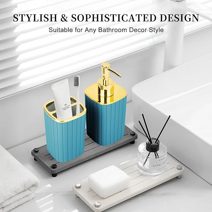 2PCS Bathroom Accessories Set, Teal Blue Bathroom Accessories Include Soap Dispenser and Toothbrush Holder for Boho Bathroom Decor