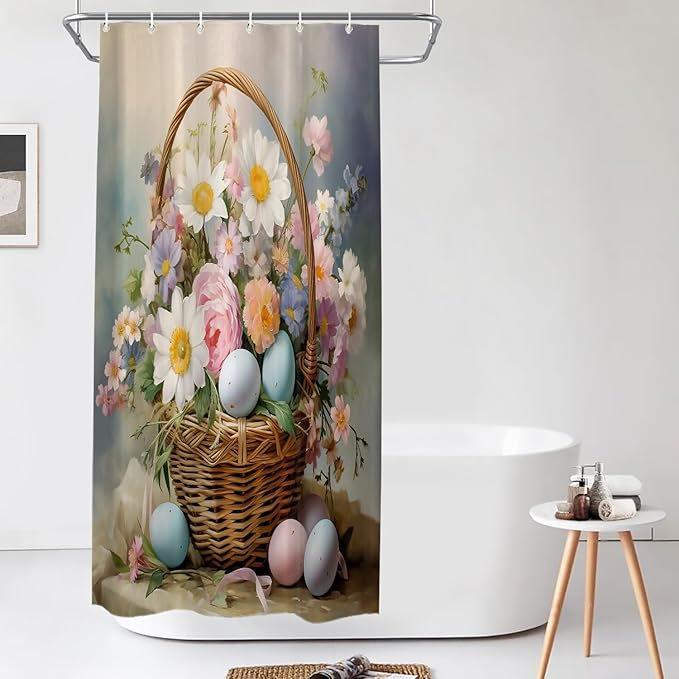 Shrahala Basket Flowers Eggs Decorative Shower Curtain, A Basket Filled with Flowers and Eggs Bathroom Décor Polyester Fiber Waterproof with Plastic Rings for Shower Stall Bathtubs 72 X 36 in