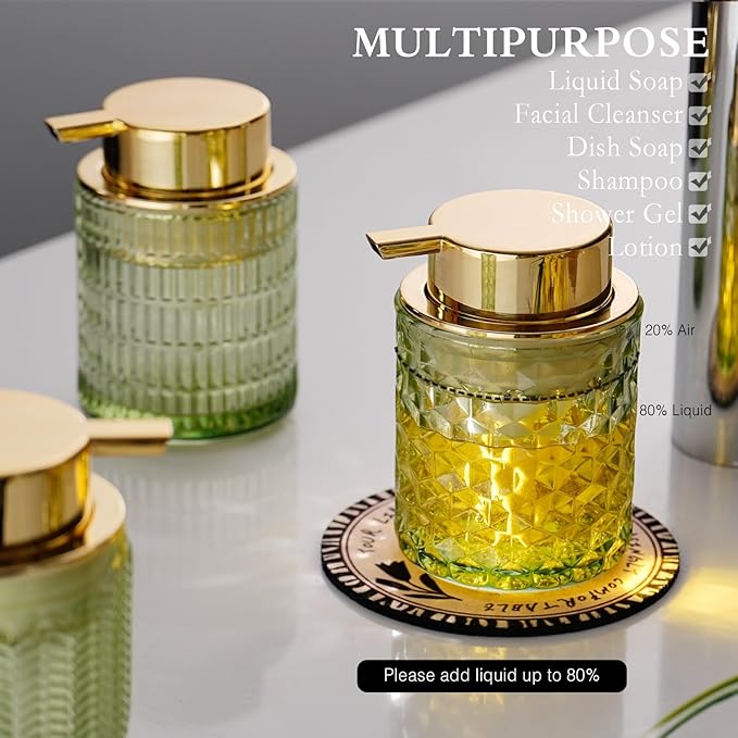 CICUFY Hand Soap Dispenser Glass, Refillable Liquid Dispenser for Bathroom & Kitchen,Lotion Dispenser with Large Gold Pump（Diamond Pattern-Green）