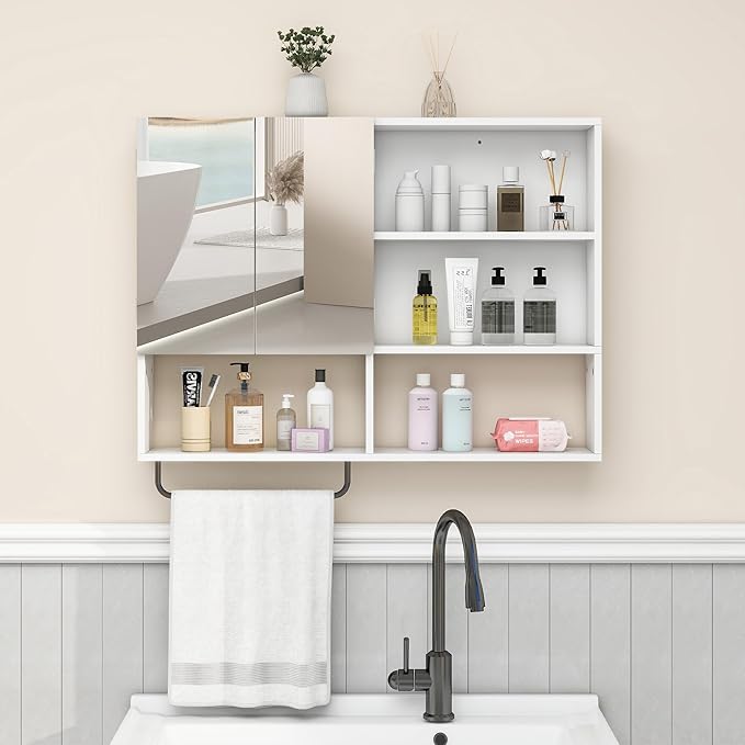 Medicine Cabinet, Wooden Bathroom Wall Cabinet with 2 Doors, Adjustable Shelves & Towel Bar, Over Toilet Storage Cabinet Wall Mounted for Laundry with Mirror, White