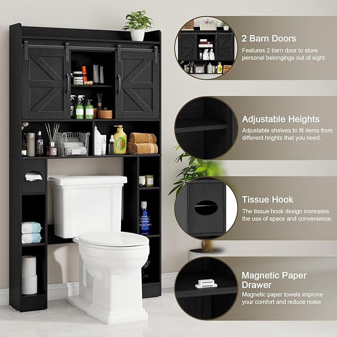 Vabches Farmhouse Storage Cabinet Over Toilet with Sliding Doors, Home Space-Saving Toilet Rack, Over The Toilet Storage Cabinet, Open Storage Shelf, for Bathroom, Laundry, Restroom.Black
