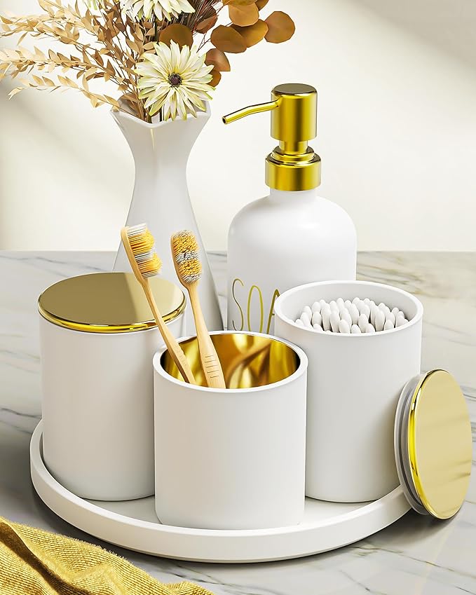 White Bathroom Accessories Set with Tray, 6pcs White and Gold Bathroom Accessory Sets, Glass Soap Dispenser and Toothbrush Holder Set, Qtip Holder, Ceramic Flower Vase, Bathroom Set Decor