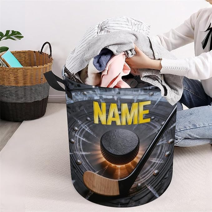 Personalized Ice Hockey Laundry Hamper Custom Name Funny Dirty Clothes Laundry Basket Portable Storage Basket For Home Bathroom Family Hockey Lovers Xmas Birthday (style 19)