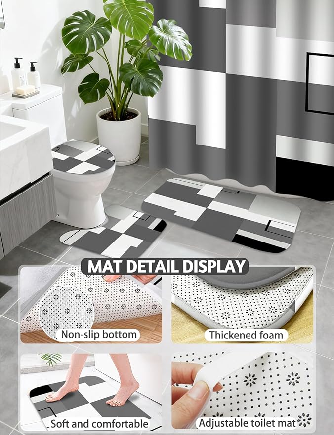 Lnond Grey Bathroom Set, 22-Piece Orange Geometry Bathroom Decor Set with with Shower Curtain and Rugs, Trash Can, Toilet Brush Holder Set & Soap Dispenser