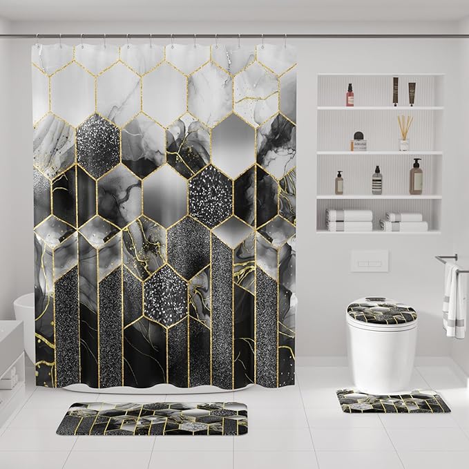 XLHOMO Bathroom Sets with Shower Curtain and Rugs - 4PC Black Geometric Shower Curtain Set with 12 Hooks, Toilet Cover, U-Shaped Mat and Rugs Modern Abstract Bathroom Accessories for Bathroom