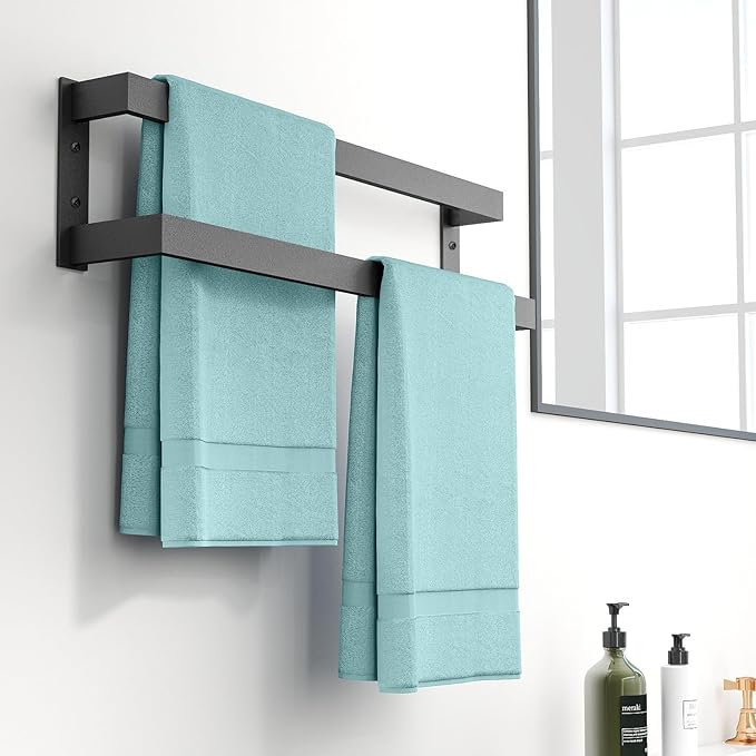 Double Towel Bar, 24Inch Towel Rack for Bathroom,Towel Holder Wall Mounted, Double Towel Rod Towel Rail Hanger for Wall, Kitchen (Matte Black)