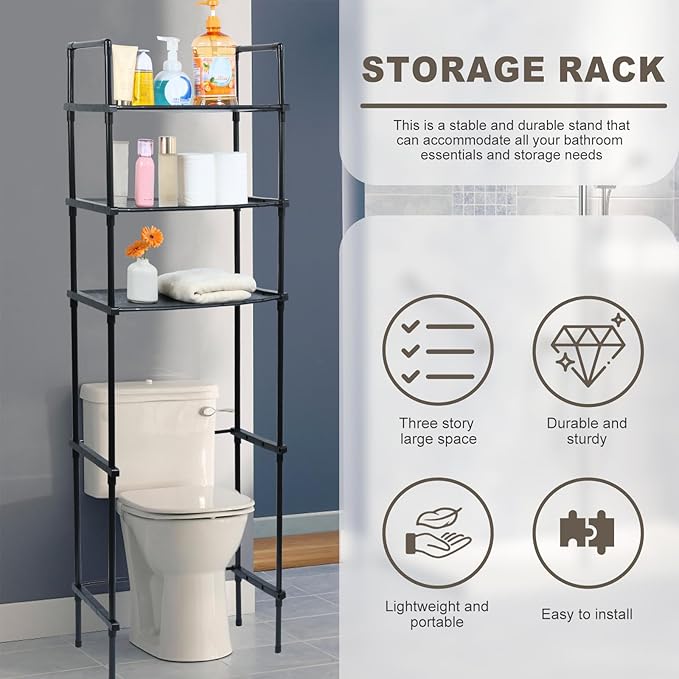 Black 3-Tier Bathroom Organizer - Freestanding Above Toilet Storage Rack, Space Saver for Home Bathroom