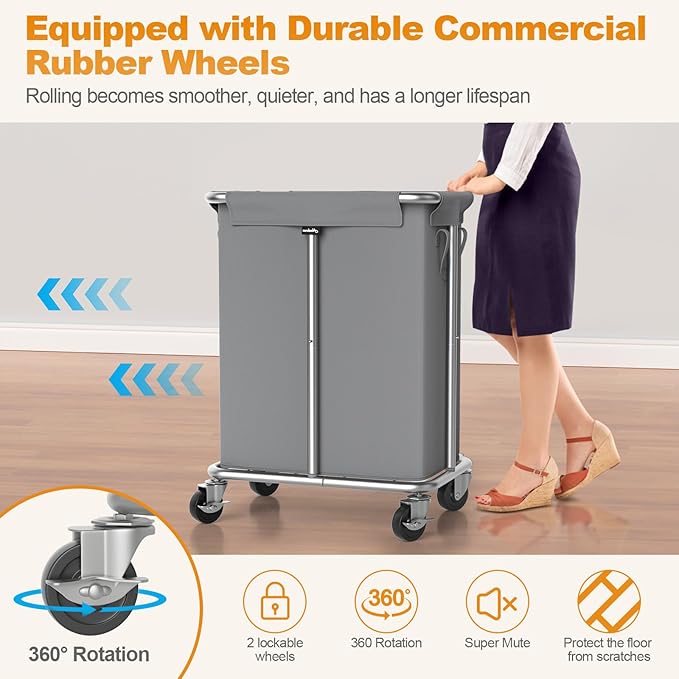Hodonas Laundry Basket with Wheels, Rolling Laundry Hamper, 46 Gallons (170L), Removable and Machine Washable Liner, Steel Frame, Large Laundry Cart for Laundry Room, Bedroom, Bathroom, Dorm - Grey