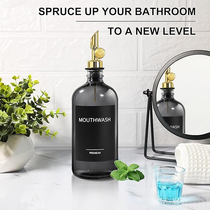 Mouthwash Dispenser for Bathroom, Glass Mouthwash Dispenser with Cup, Mouth Wash Container Bottle with Cup, Refillable Mouthwash Decanter, Clear Black, 1 Pack, 17oz