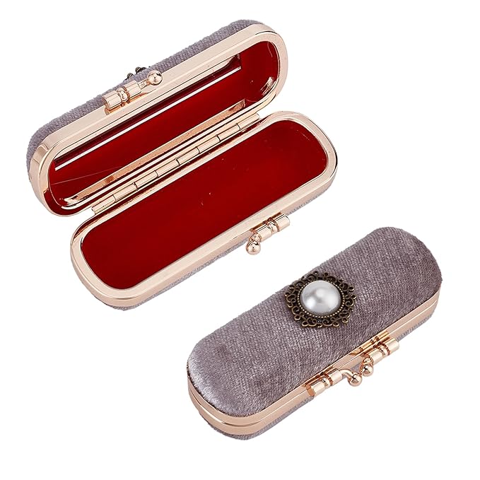 NICENEEDED Vintage Lipstick Case with Mirror, Retro Velvet Lip stick Storage Cases Lip Balm Organizer Holder, Mini Portable Jewelry Container Pearl Decoration Cosmetic Box