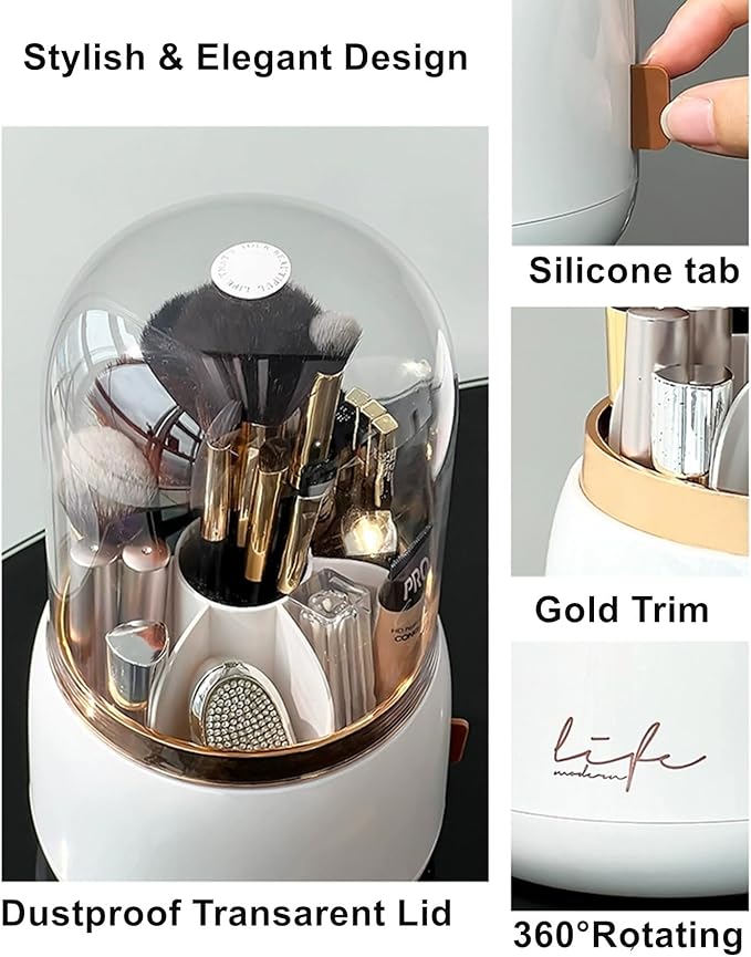360 Rotating Makeup Brush Holder with Lid,Clear Dustproof Make Up Organizers for Vanity Countertop,Includes a Foldable Bowl for Cleaning Makeup Brush,Transparent, Dustproof-Green