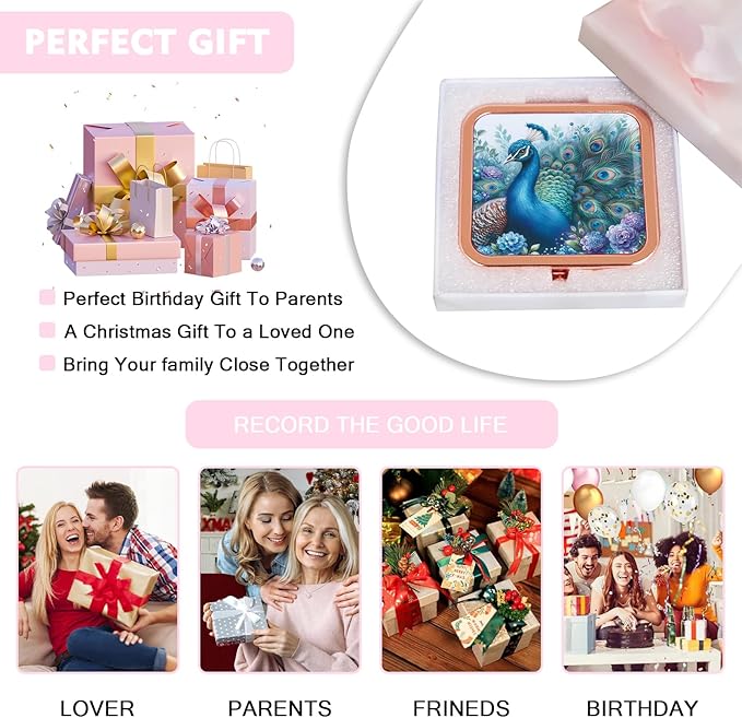 Compact Mirror Travel Makeup Mirror Metal Pocket Cosmetic Mirrors Portable Handheld Beauty Mirror Folding Double-Sided Elegant Vanity Mirror for Men Women Purse Peacock