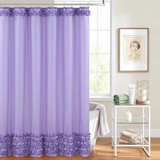 Purple Ruffle Shower Curtain, Girls Women Fabric Shower Curtain with Delicate Handcrafted Ruffles, Waterproof Ruched Farmhouse Decorative Bathroom Curtain, 72" W x 72" H