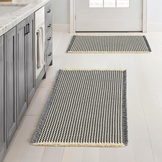 MIULEE Set of 2 Waffle Bathroom Rugs, Boho Bath Rugs Non Slip Washable, Super Absorbent Bath Mats, Ultra Soft Rubber Backed Shower Mats for Bathroom Floor, Tub, Dark Grey & Yellow, 17x24 Inch