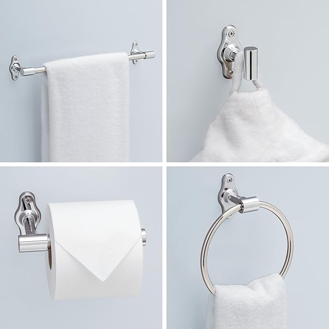 Franklin Brass Calloway 4-Piece Bathroom Set Polished Chrome 18" + 6" Towel Rack, Toilet Paper Holder, Hand Towel Holder, Hook | 4-Piece Bath Hardware Accessories Set CLWY64-PC