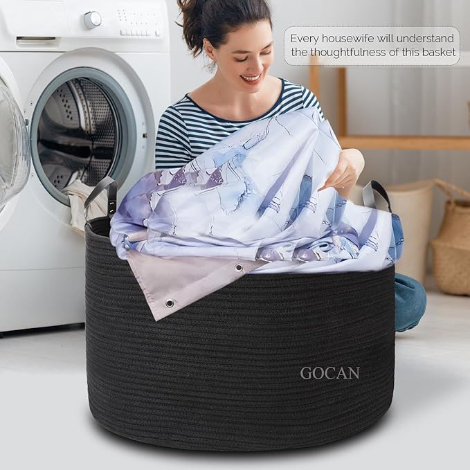 GOCAN Extra Large Storage Laundry Basket 22" X 22"X 14" Cotton Rope Woven for Blanket Basket with Handles for Living Room Toys Storage XXXL (Pure Blk)