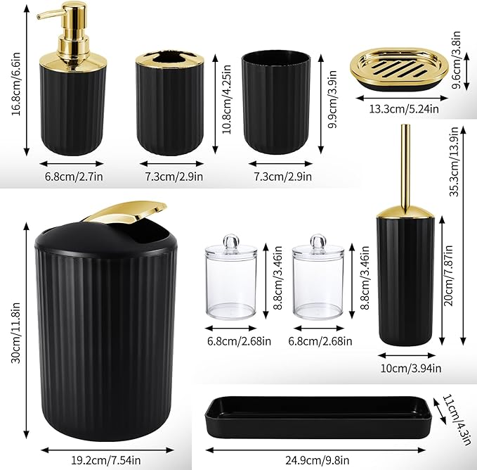 XLHOMO 9PCS Black and Gold Bathroom Accessories Set Complete with Trash Can, Vanity Tray, Soap Dispenser, Soap Dish, Toothbrush Holder, Toothbrush Cup, Toilet Brush and Qtip Holders