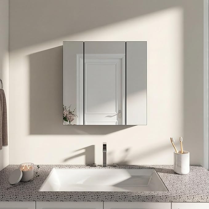 Panana Bathroom Mirror Cabinet Medicine Cabinets with 3 Mirrored Door Wall Mounted Cabinet with Mirror, Storage Shelf with Adjustable Shelves Storage Organizer Kitchen Cupboard (Black, 23.6x23.6 inch)