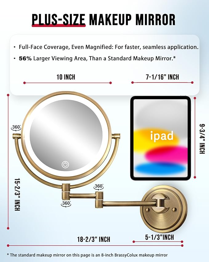 10" Wall Mounted Mirror Swing Arm Lighted Hard Wired, 1X/5X Double-Sided 3 Colors Touch Dimmable, Face Mirror Magnifying with Light Extended 360 Rotation for Bathroom, Antique Brass