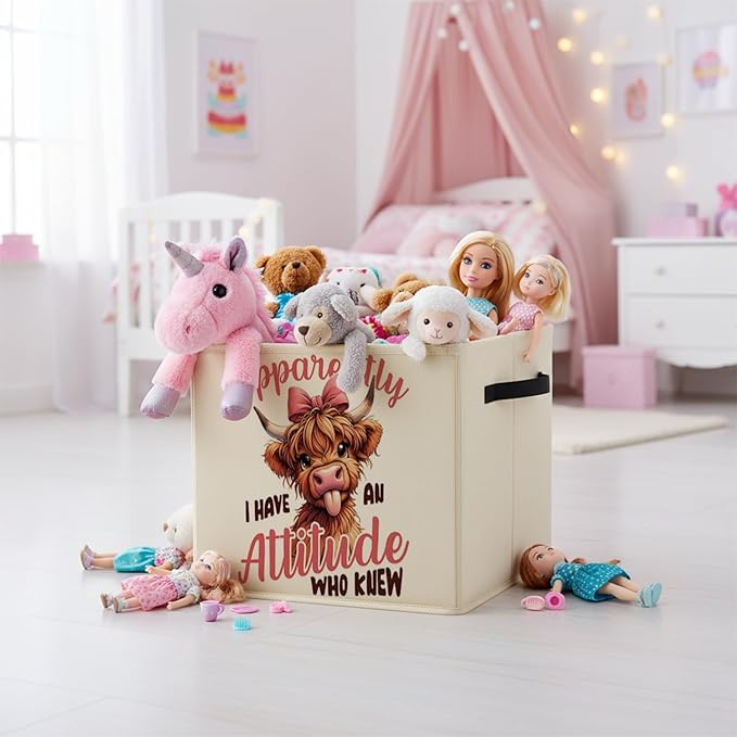 Pink Bow Funny Highland Cow Storage Bin Box with Handles, Highland Cow Gifts Foldable Baskets Organizer for Girls Kids Room Bedroom Bathroom Clothes Toys Books, Toybox for Girls
