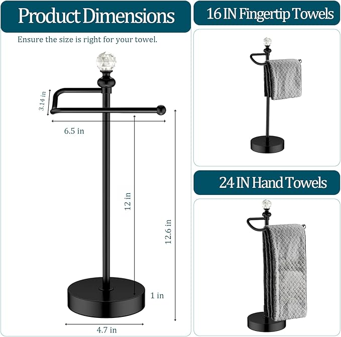 ROLABAM Bath Hand Towel Holder Stand, 2 Pack Stainless Steel Black Towel Rack Hand Holder for Bathroom, Small Countertop Free Standing Hand Towel Rack with Heavy Base (Matte Black, 2 Pack)