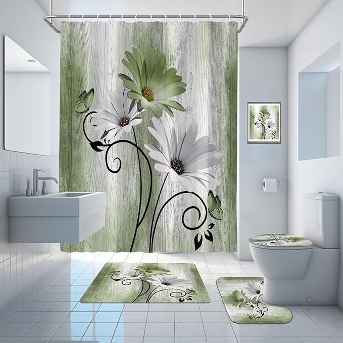 Onalasyc 4PCS Grass Green Daisy Flowers Butterfly Shower Curtain Set with Shower Curtain and Carpet and Accessories, Waterproof Bathroom Shower Curtain Decorative Set with 12 pcs Hooks,71 x 71in