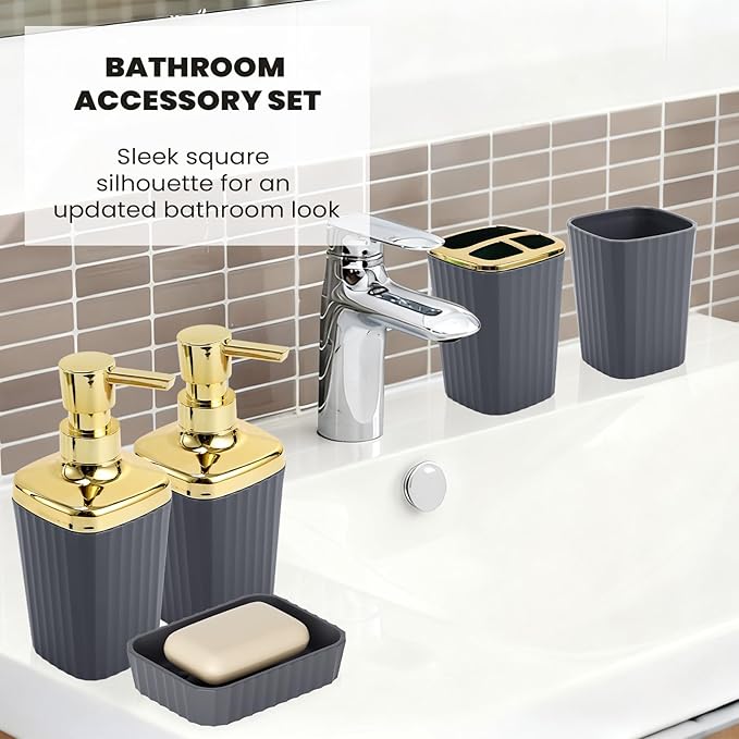 XLHOMO 9-Piece Dark Gray Bathroom Accessories Set - Durable & Sleek Kit with Slim Narrow Trash Can, Toilet Brush & Soap Dispensers - Space-Saving Modern Bathroom Decor