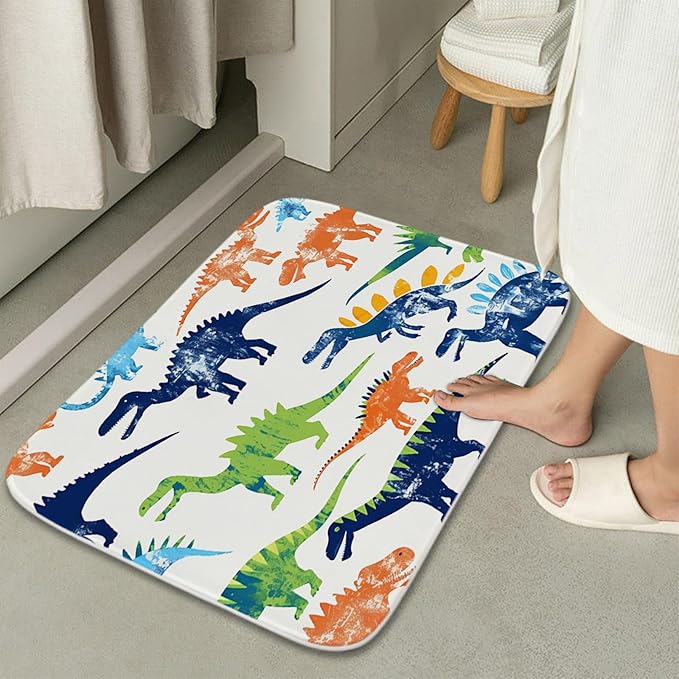 Colorful Cartoon Jurassic Dinosaur Bathroom Rugs Bath Mats Sets 3 Piece, Imitation Cashmere Kids Dino Bath Mat, Memory Foam U-Shaped Contour Shower Mat Non Slip Absorbent, Velvet Washable 20 x 31 inch