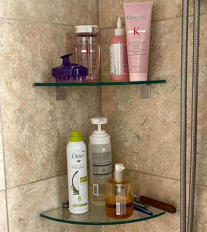 Bakzon Tempered Glass Corner Shower Shelves for Inside Shower, 2-Pack No Drill Adhesive Bathroom Organizer, Rustproof Aluminum Brackets, Glass Shower Corner Shelf