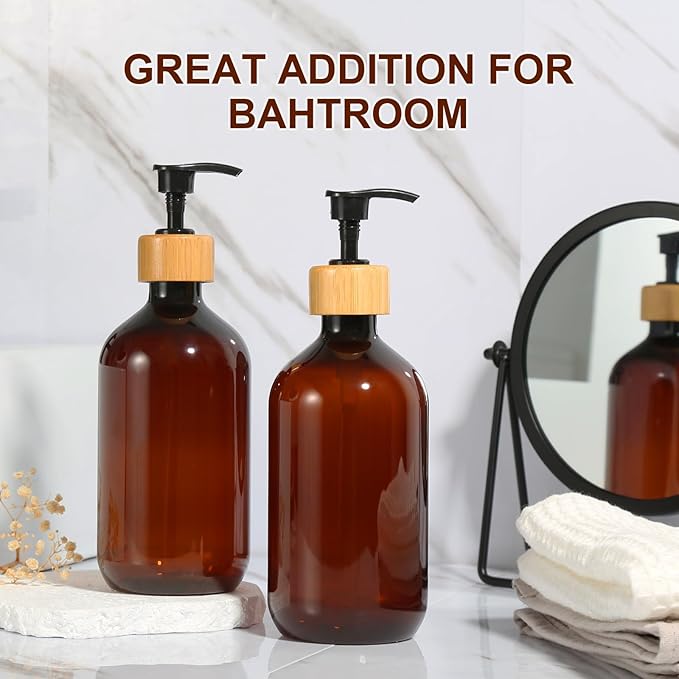 KASUNTING Amber Soap Dispenser Plastic, Brown Dish Soap Dispenser with Bamboo Pump for Kitchen,17 Fl Oz Hand and Dish Dispenser Set for Bathroom, Farmhouse Liquid Soap and Lotion Dispensers Bottle