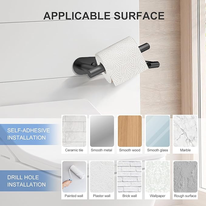 SetSail Toilet Paper Holder Adhesive or Screw-in Matte Black Bathroom Toilet Paper Roll Holders Wall Mount Stainless Steel Tissue Holder for Bathroom Hardware Accessories