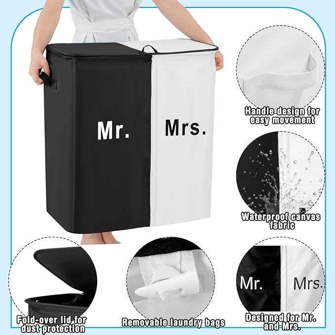 DoubleFill 154L Large Double Laundry Hamper with Lid and Removable Bags Laundry Basket 2 Section Collapsible Dirty Clothes Hamper for Bathroom Bedroom for Husband&Wife Parents or Couple (Mr. Mrs.)