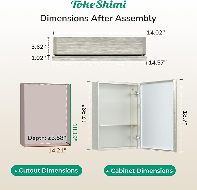 TokeShimi 14 x 18 Medicine Cabinet Mirror, Assembly Required, Brushed Nickel Bathroom Medicine Cabinet with Mirror, Stepless Adjustable Shelves, Tempered Glass, Beveled Aluminum Frame