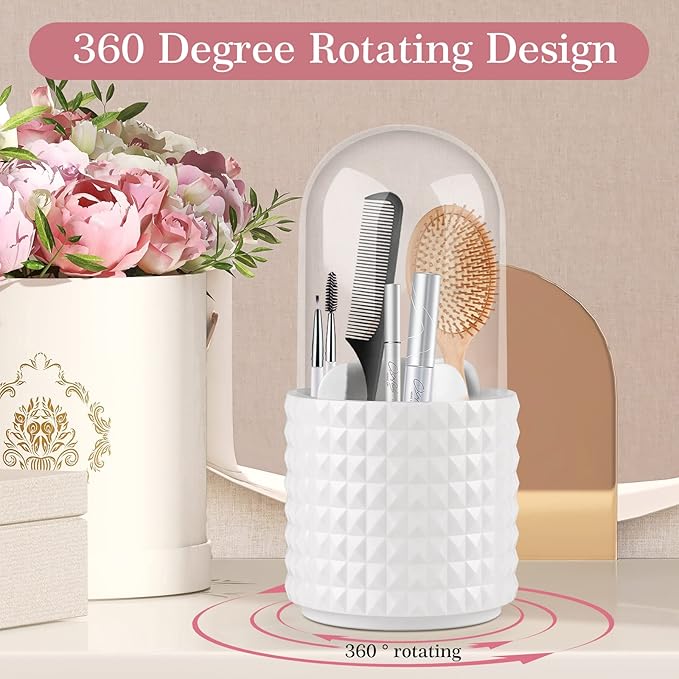 Makeup Brush Holder with Lid 360 Degree Rotating Makeup Storage Organizer Dustproof Cosmetics Organizer for Vanity and Bathroom Countertop
