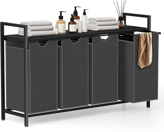 Sonharlar Laundry Hamper, Laundry Sorter with 4 Pull-Out Removable Oxford Fabric Bags Cloth Laundry Basket 4 x 10 Gallons (Grey and Charcoal Black)