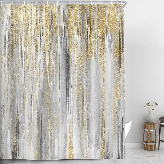 JAWO Abstract Shower Curtain, Modern Aesthetic Stripe Shower Curtain Sets with 12 Hooks for Bathtub Bathroom Gray Yellow Contemporary Abstract Painting Fabric