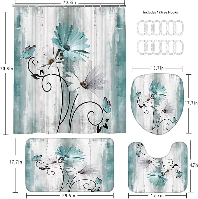 AZHM Rustic Farmhouse Shower Curtain Set 4pcs Farm Teal Daisy Floral Bathroom Decor Set with Shower Curtain and Rugs and Accessories