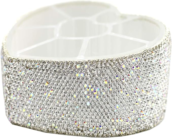 Desktop Cosmetic Storage Box 8-hole Heart-Shaped Bling bling Rhinestone Cosmetic Tools storage Box Jewelry Storage Box (Silver)