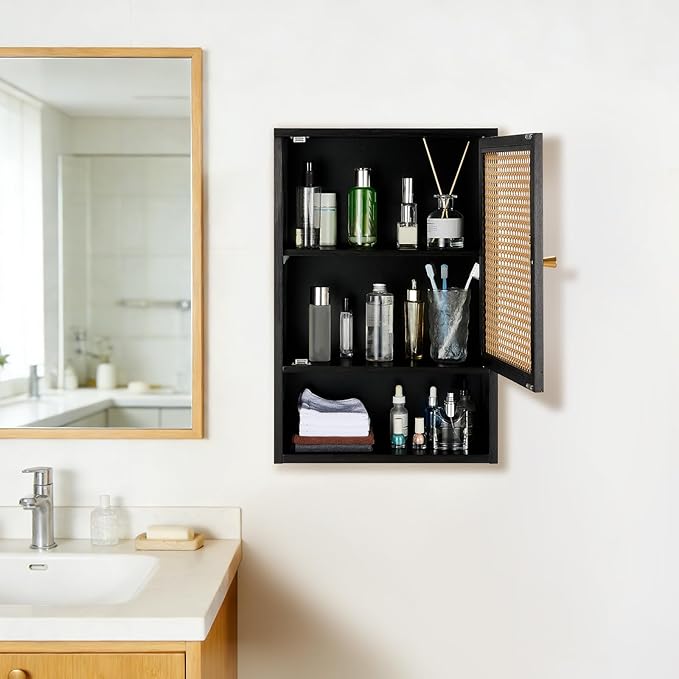 Bathroom Wall Cabinet, Bamboo Medicine Cabinet with Rattan Doors, Adjustable Shelf, Wall Mounted Storage Cabinet for Bathroom, Kitchen, Laundry Room Black