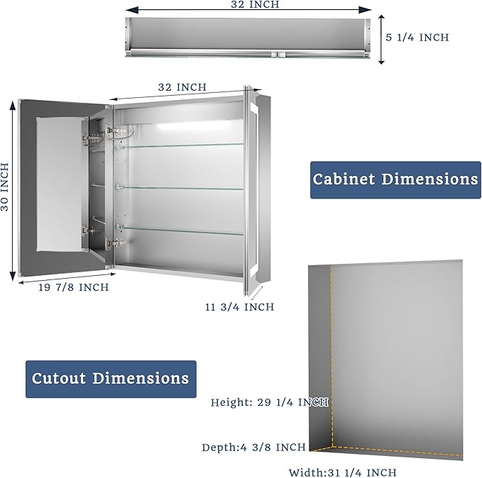 ExBrite LED Lighted Bathroom Medicine Cabinet with Mirror, 32 x 30 Inch, Recessed or Surface Mount, Anti-Fog, Stepless Dimming, Color Temperature Change, Built-in 6000K Sensor Light, Storage Shelves