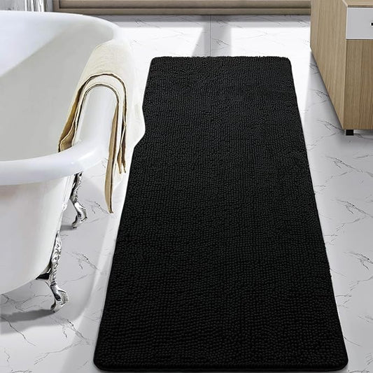 LOCHAS Luxury Bathroom Rug Shaggy Bath Mat 24 x 70 Inch, Washable Non Slip Bath Rugs for Bathroom Shower, Soft Plush Chenille Absorbent Carpets Mats, Black