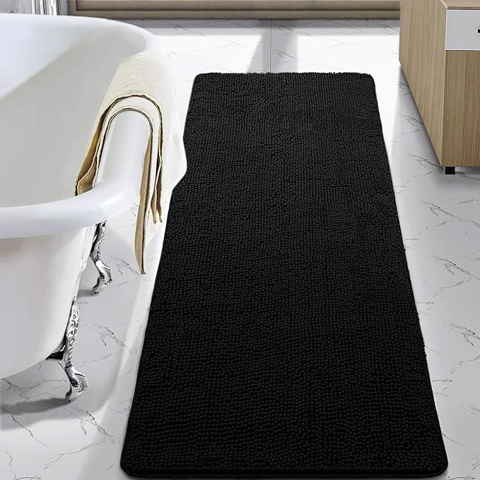 LOCHAS Luxury Bathroom Rug Shaggy Bath Mat 24 x 48 Inch, Washable Non Slip Bath Rugs for Bathroom Shower, Soft Plush Chenille Absorbent Carpets Mats, Black