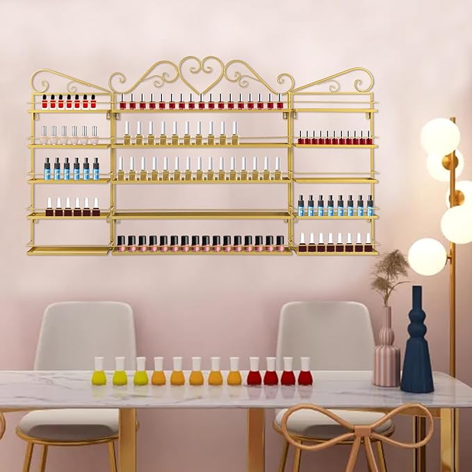 Wall-Mounted Nail Polish Rack, Set of 3 Rectangular Gold Nail Polish Shelf Lipstick Perfume Cosmetic Display Shelf for Home Spa Nail Salon Shop