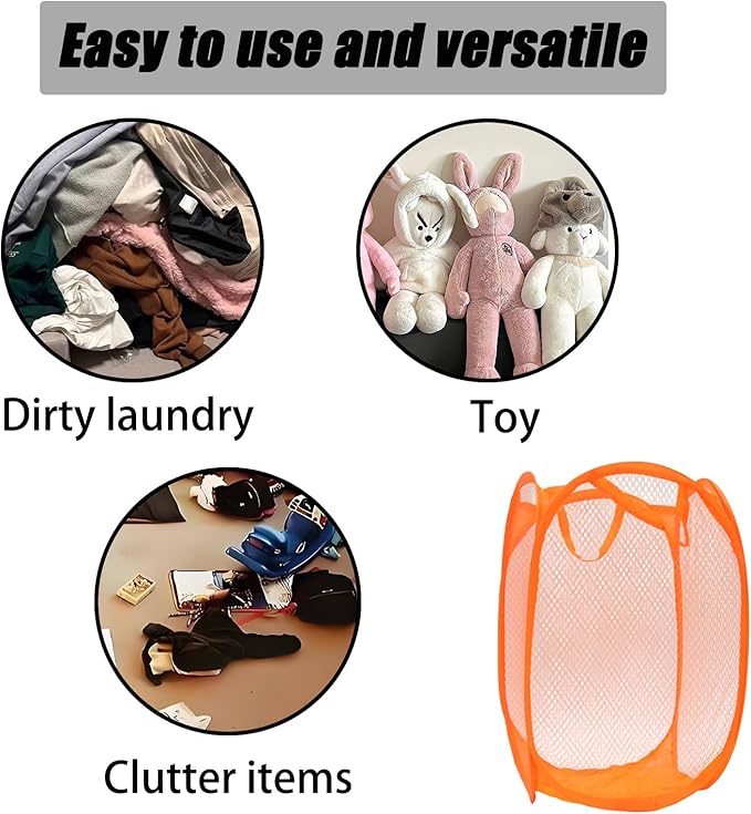 2Pcs Popup Mesh Laundry Baskets, Collapsible and Portable Laundry Hamper, Ideal for Travel and Home Use (Red & Orange)