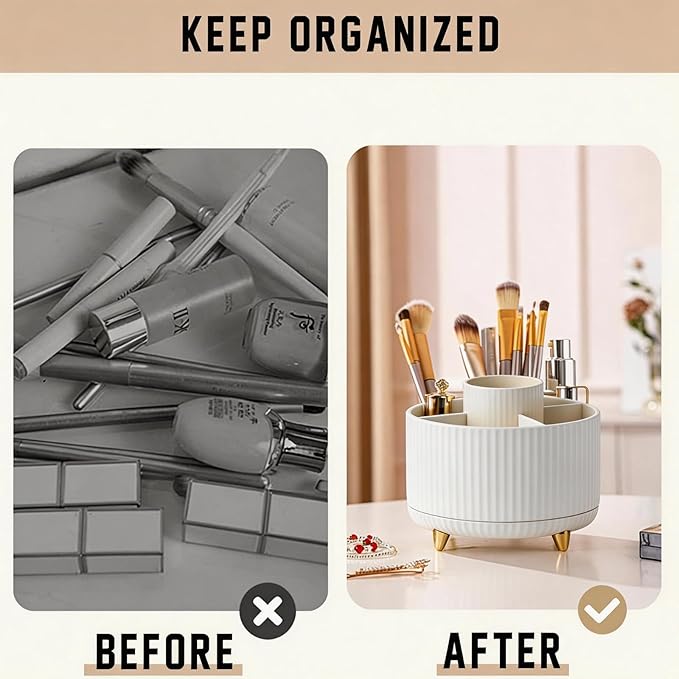 360° Rotating Makeup Brush Holder Organizer, White 5-Slot Spinning makeup organizer Cup for Women, Vanity Desk & Bathroom Storage for Cosmetics, Nail Polish and Beauty Tools