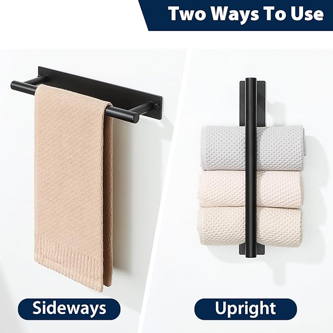 Alise Adhesive Towel Bar Black,Towel Racks for Bathroom Wall Mounted,Bathroom Towel Rack SUS304 Stainless Steel,Towel Holder for Kitchen/Bathroom Hardware Decoration,Sticky or Screw-Mounted,12 Inch