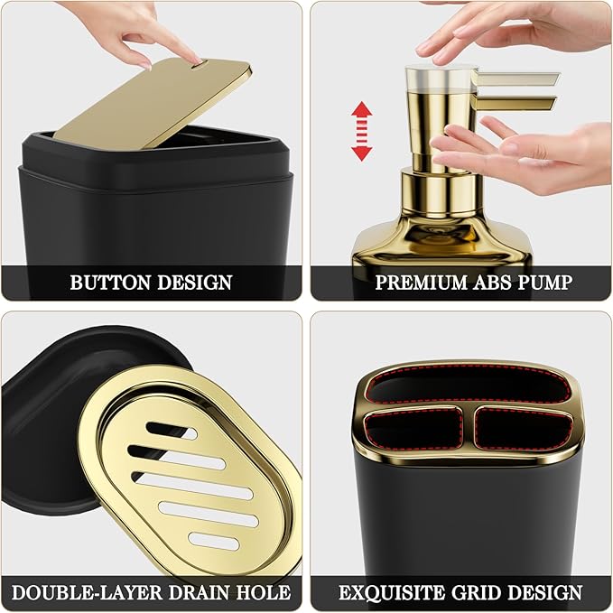 Bathroom Set — Black Bathroom Accessories Set, 11PC Bathroom Accessory Set, Black Bathroom Set with Push-lid Trash Can, 3PC Soap Dispensers, Toilet Brush & Qtip Holders