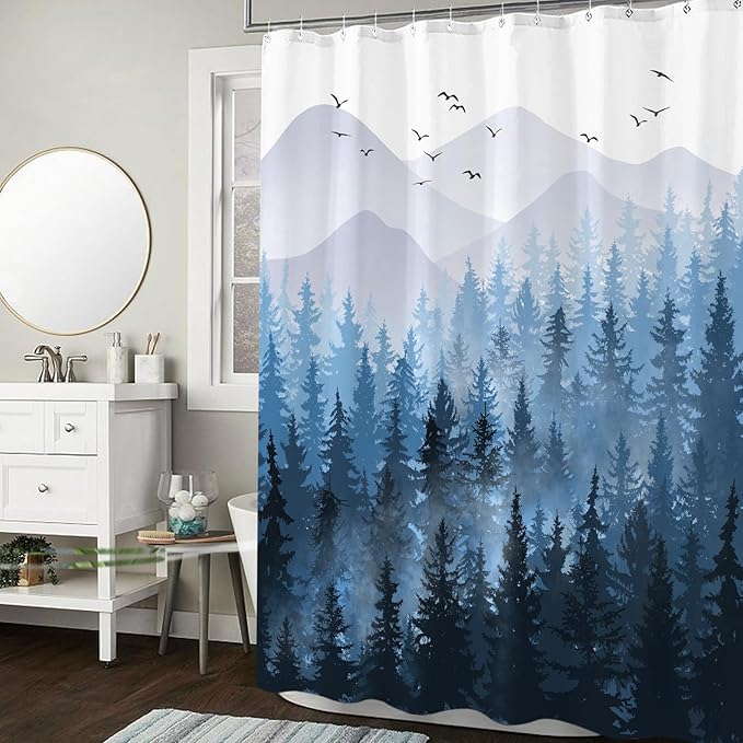Accnicc 84 Inch Extra Long Blue Misty Forest Shower Curtain Set Ombre Navy Blue Mountain Pine Tree Waterproof Fabric Shower Curtains for Bathroom Nature Woodland Decorative Modern Bath Curtain Decor