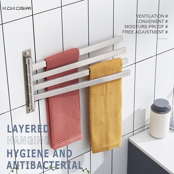 KOKOSIRI Hand Towel Holder Rack Swivel Bathroom Towel Bars Swing Out 4-Rail for Bath Kitchen Brushed Nickel Stainless Steel B5007BR-A4