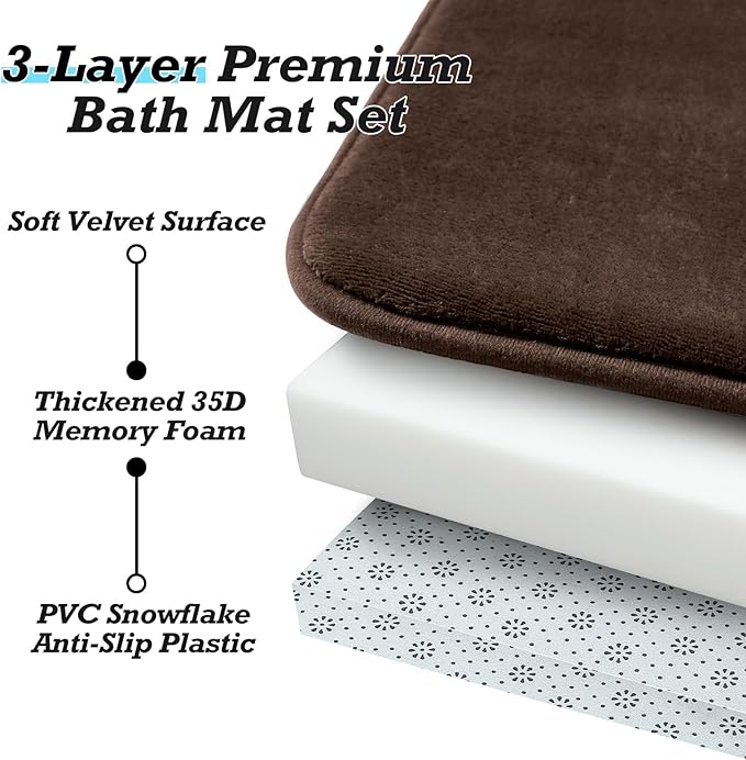 HUXMEYSON Bathroom Rugs Sets 3 Piece, Non-Slip & Quick Dry Bath Mat Set, Ultra Soft Velvet Bath Rugs for Bathroom, Toilet and Shower Floor, Brown
